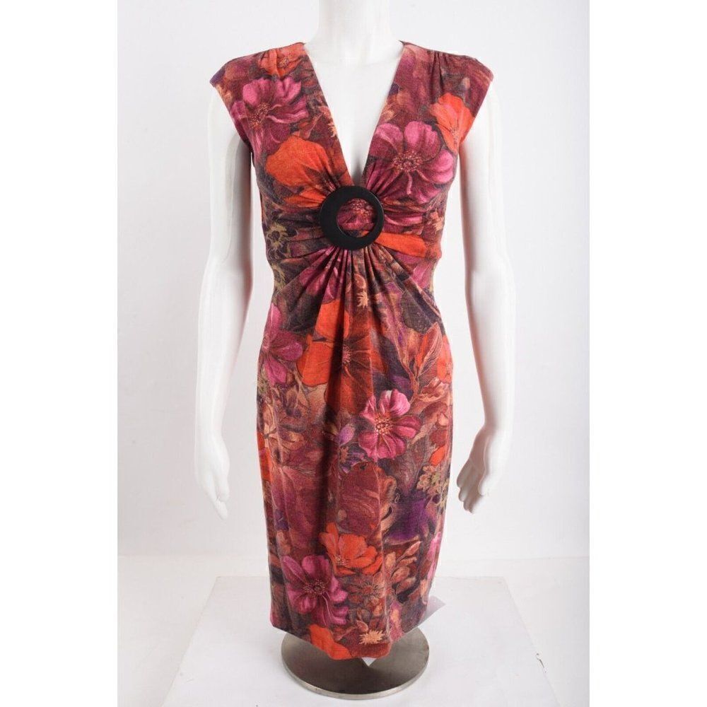 Cache Wool Blend Floral Sheath Dress Sz 2 Twist Front Buckle Red Pink V-Neck NWT